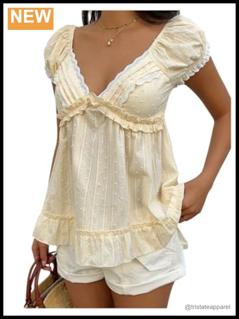 Women's Lace Peplum Blouse Ruffled V-Neck Puff Sleeve Babydoll Top